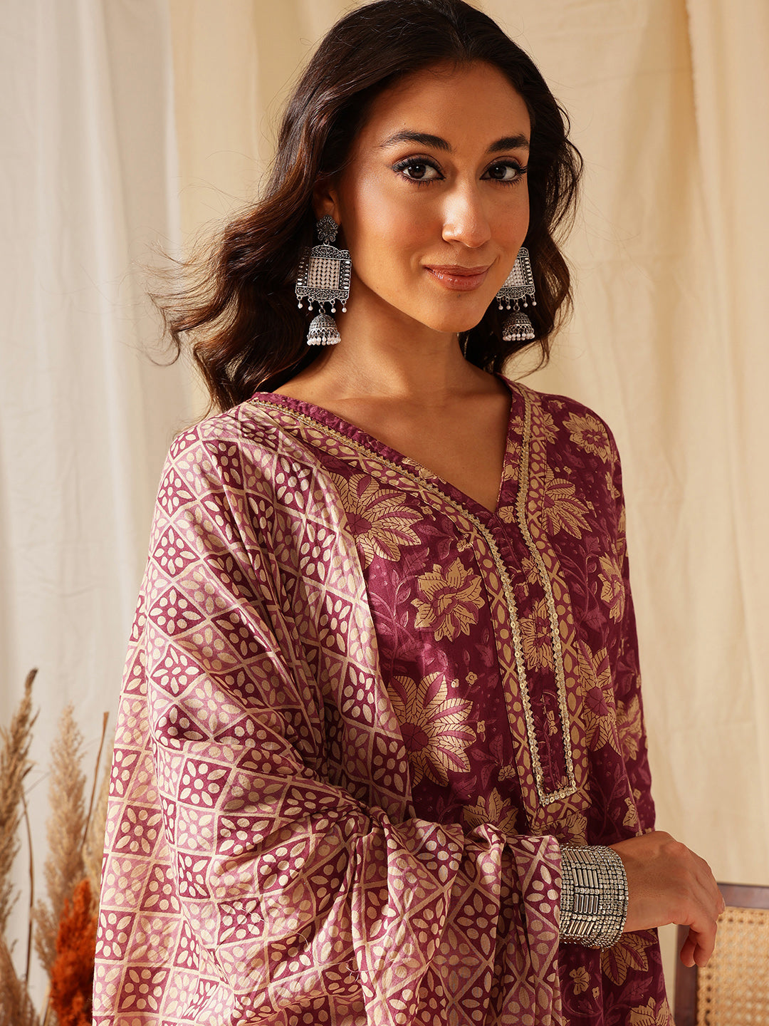 Burgundy Ethnic Motif Cotton  Suit Set