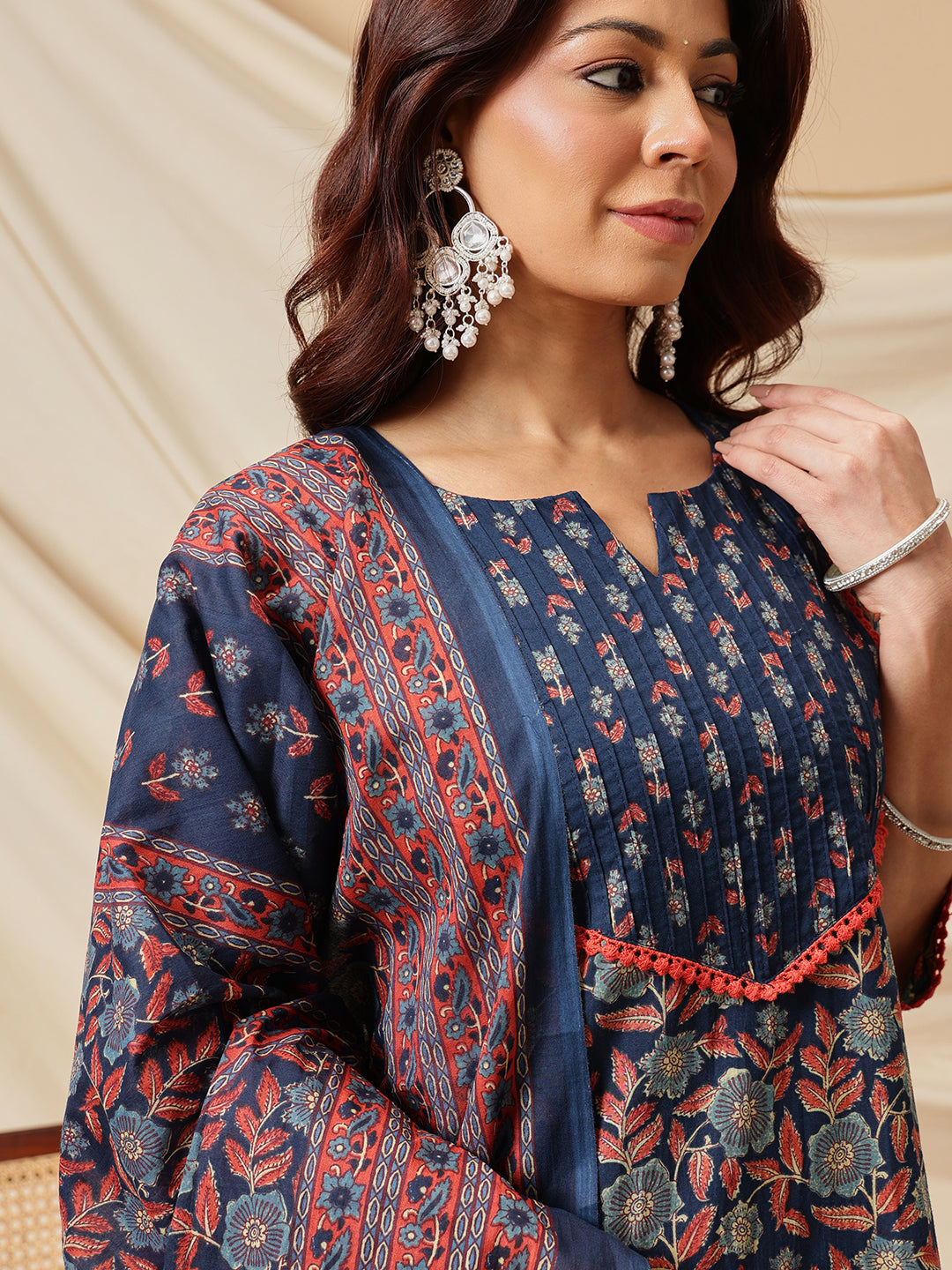Navy Blue Floral Printed Cotton Suit Set