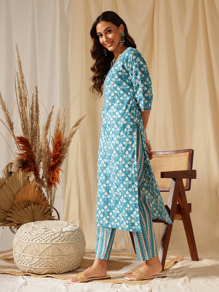 Blue Ethnic Motif Printed Cotton Suit Set