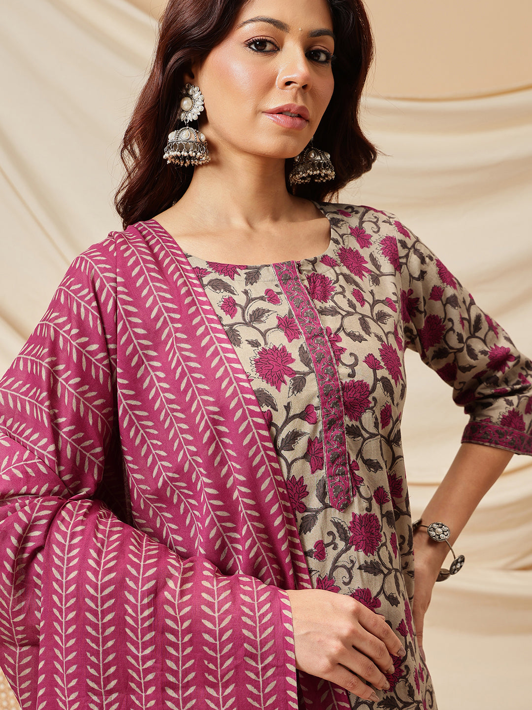 Beige Floral Printed Cotton Suit Set