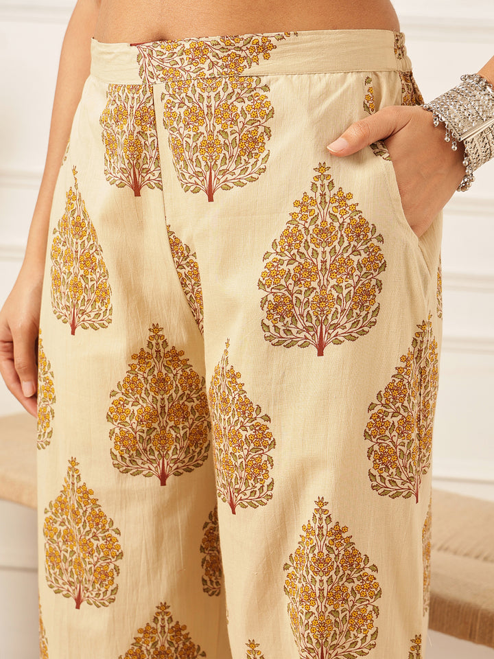 Mustard Floral Printed Cotton Suit Set