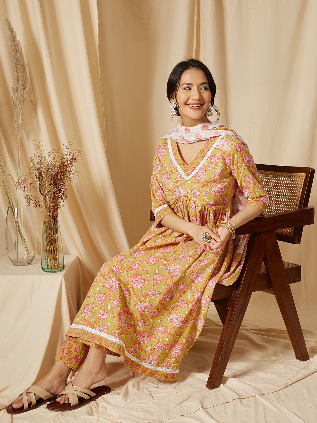 Yellow Gathered Floral Printed Cotton Suit Set