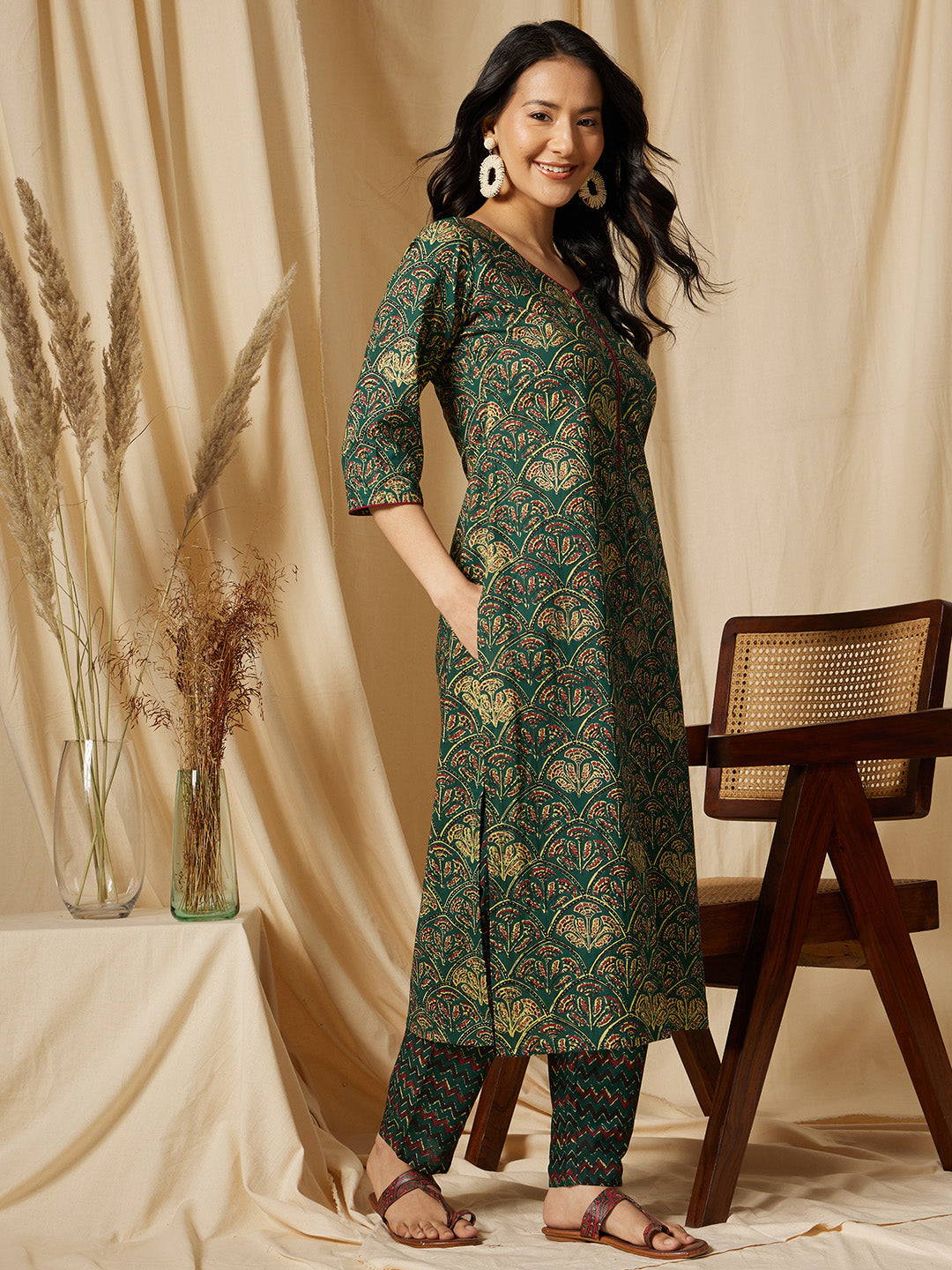 Dark Green Ethnic Motif Cotton Suit Set