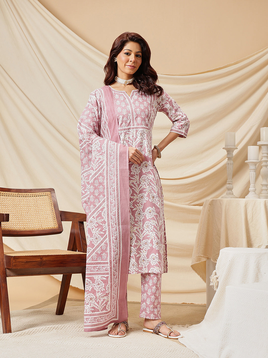 Pink Floral Printed Cotton Suit Set
