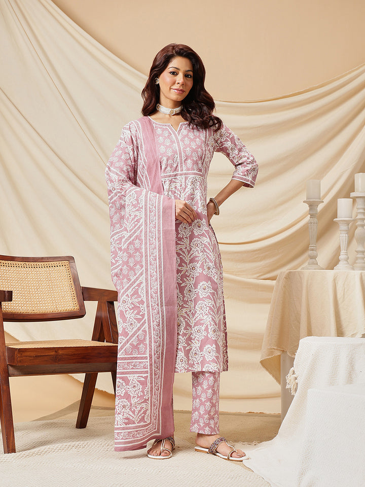 Pink Floral Printed Cotton Suit Set