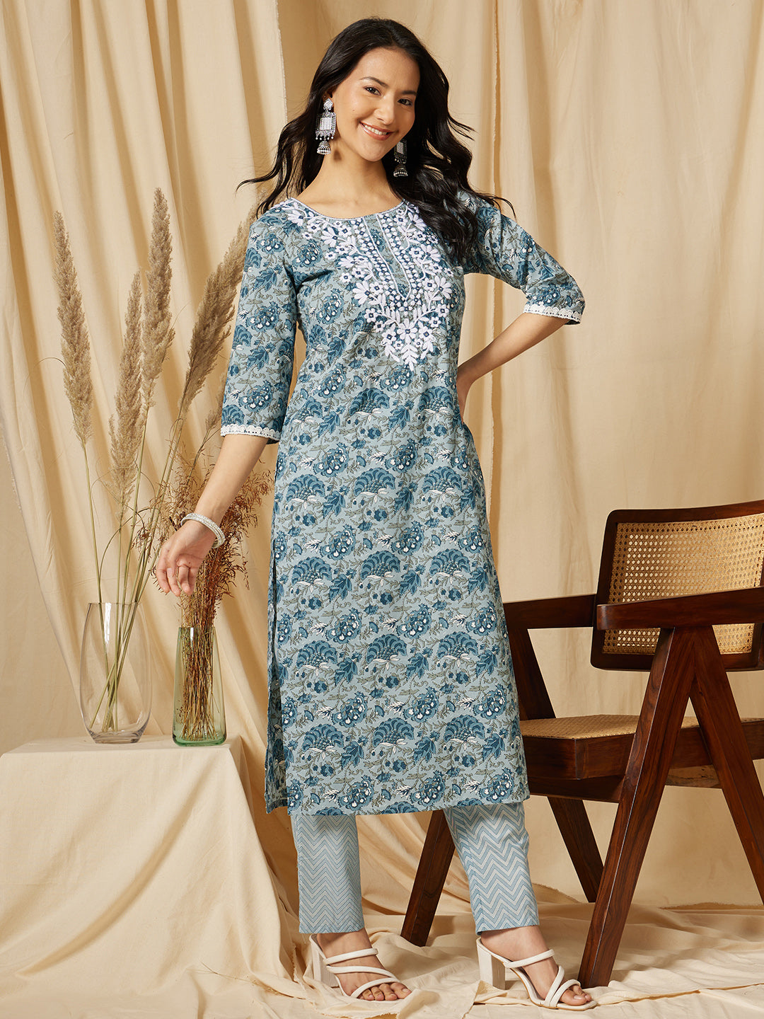 Grey Embroidered Floral Printed Cotton Suit Set