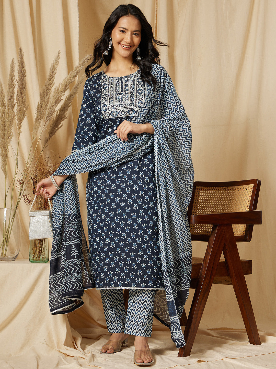 Navy Blue Embroidery Cotton Suit Set