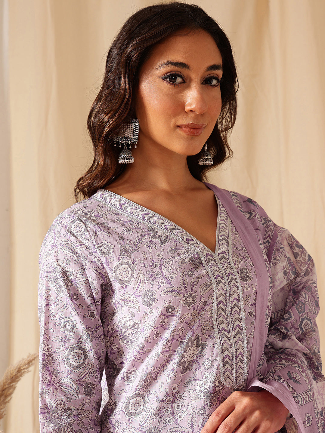 Purple Floral Printed Cotton Suit Set