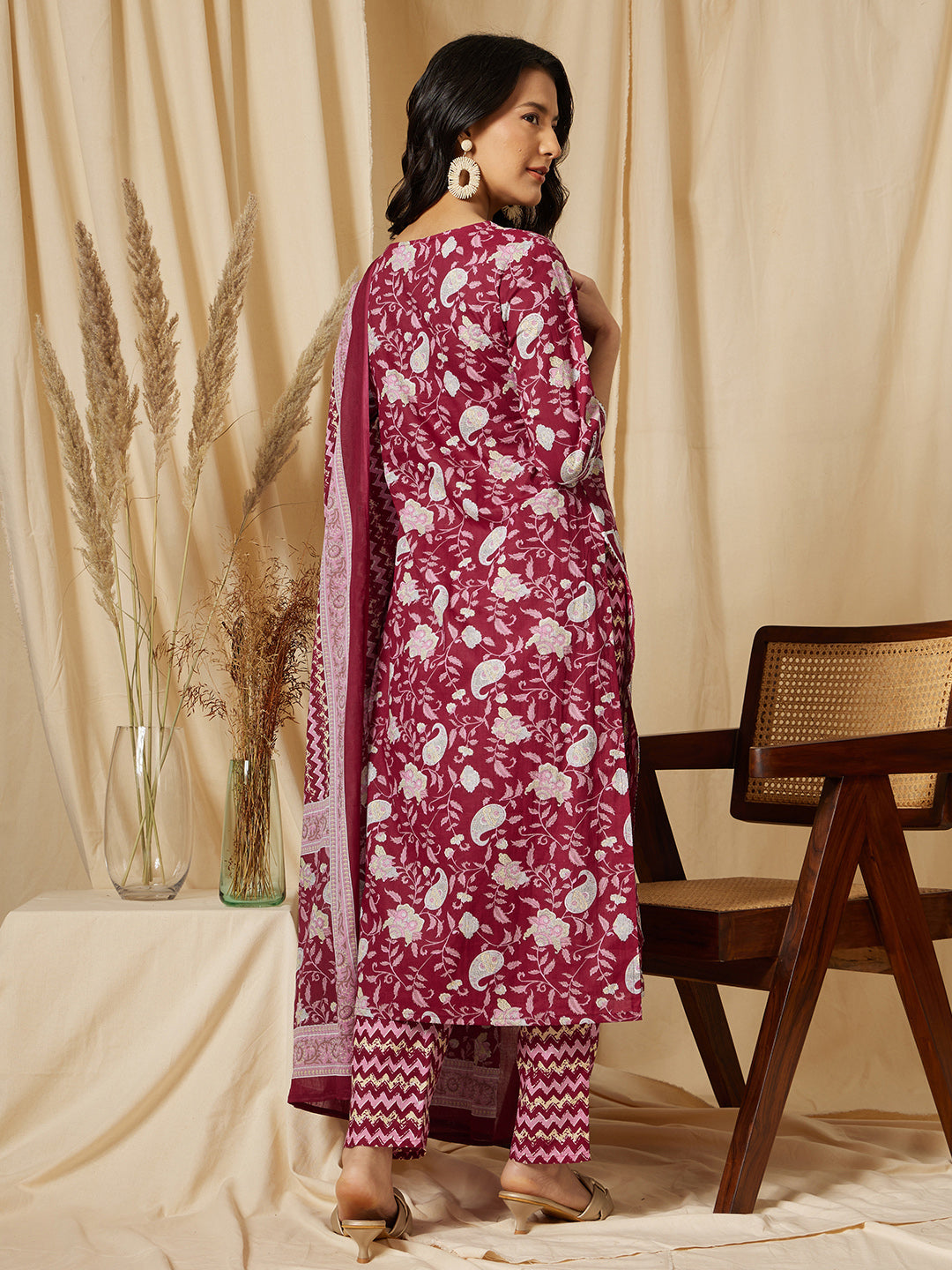 Magenta Printed Straight Cotton Suit Set