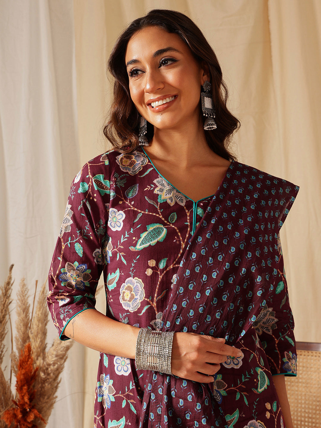 Maroon Floral Printed Cotton Suit Set