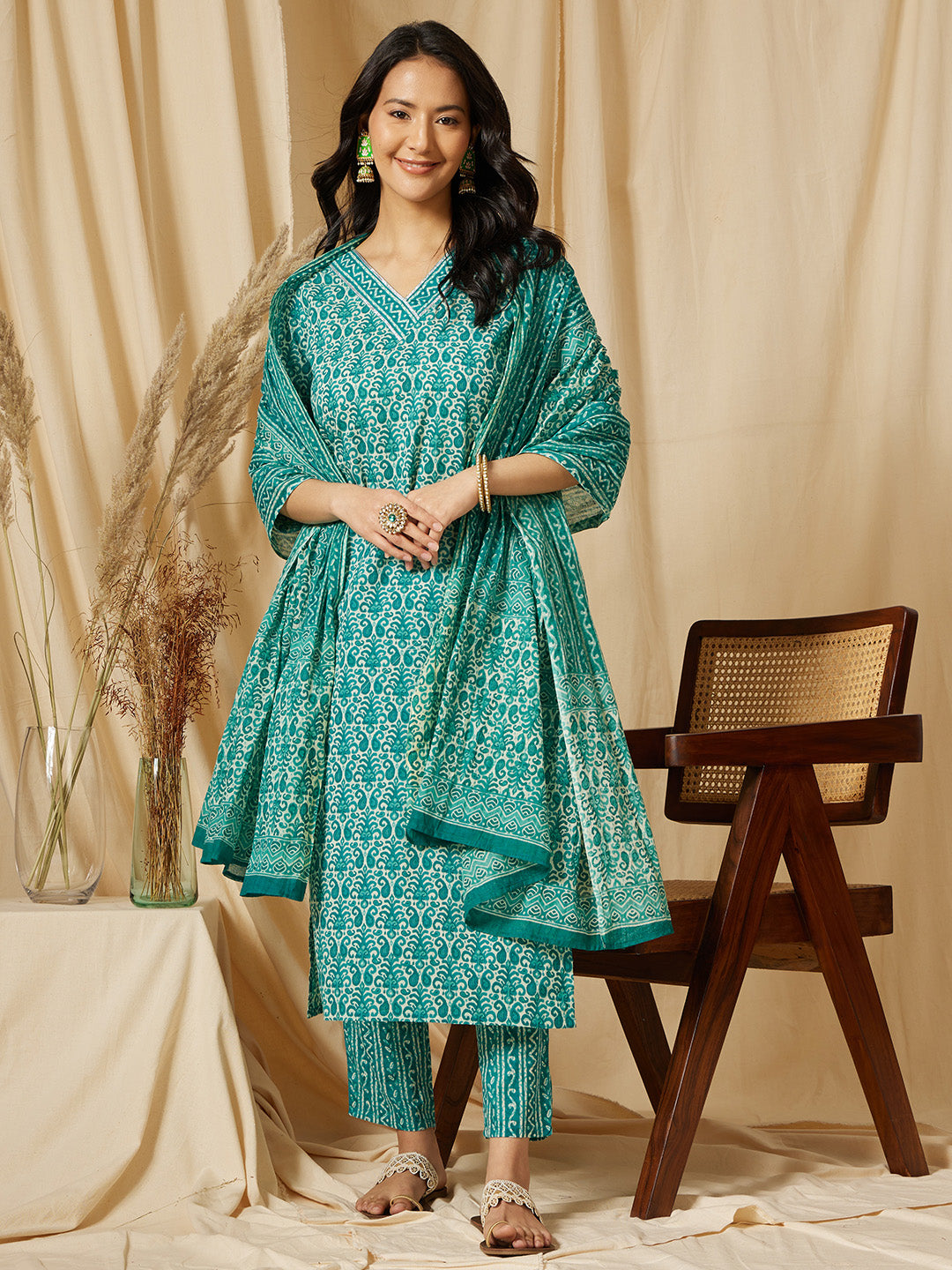 Blue Ethnic Motif Printed Cotton Suit Set