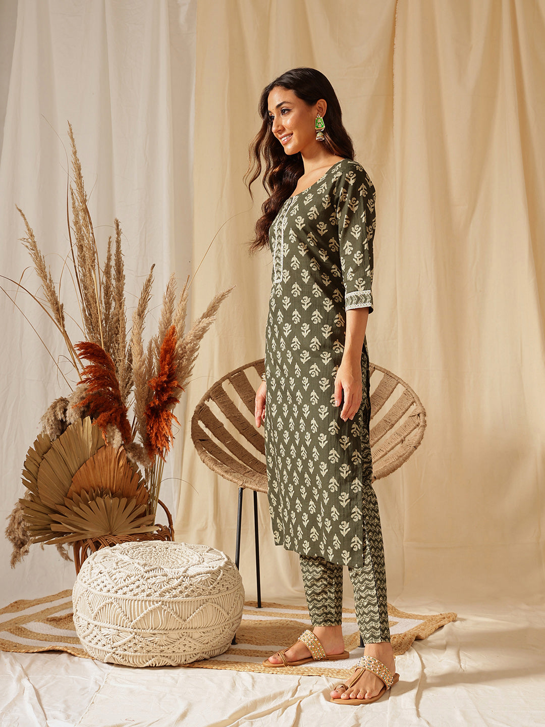 Green Ethnic Motif Printed Cotton Suit Set