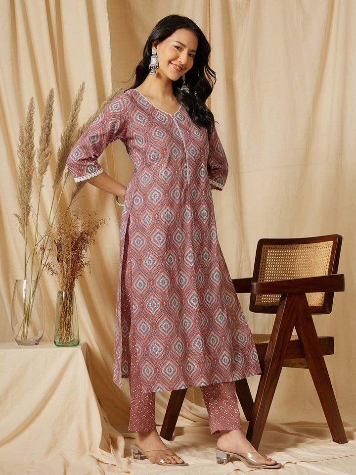 Brown Printed Cotton Suit Set