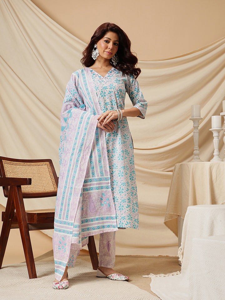 Blue Embroidered Floral Printed Cotton Suit Set