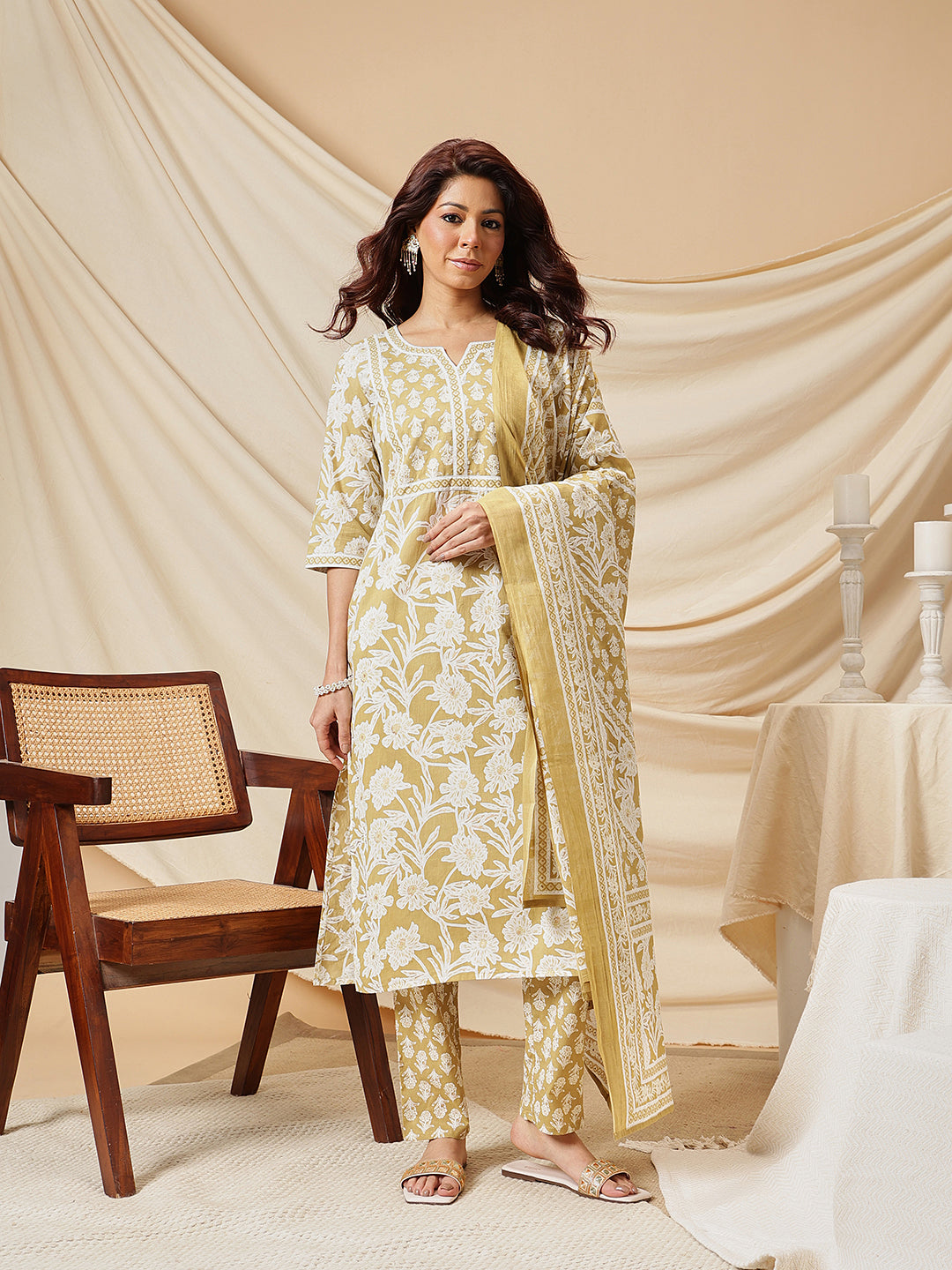 Mustard Floral Printed Cotton Suit Set