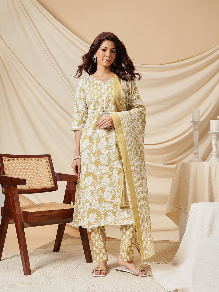 Mustard Floral Printed Cotton Suit Set