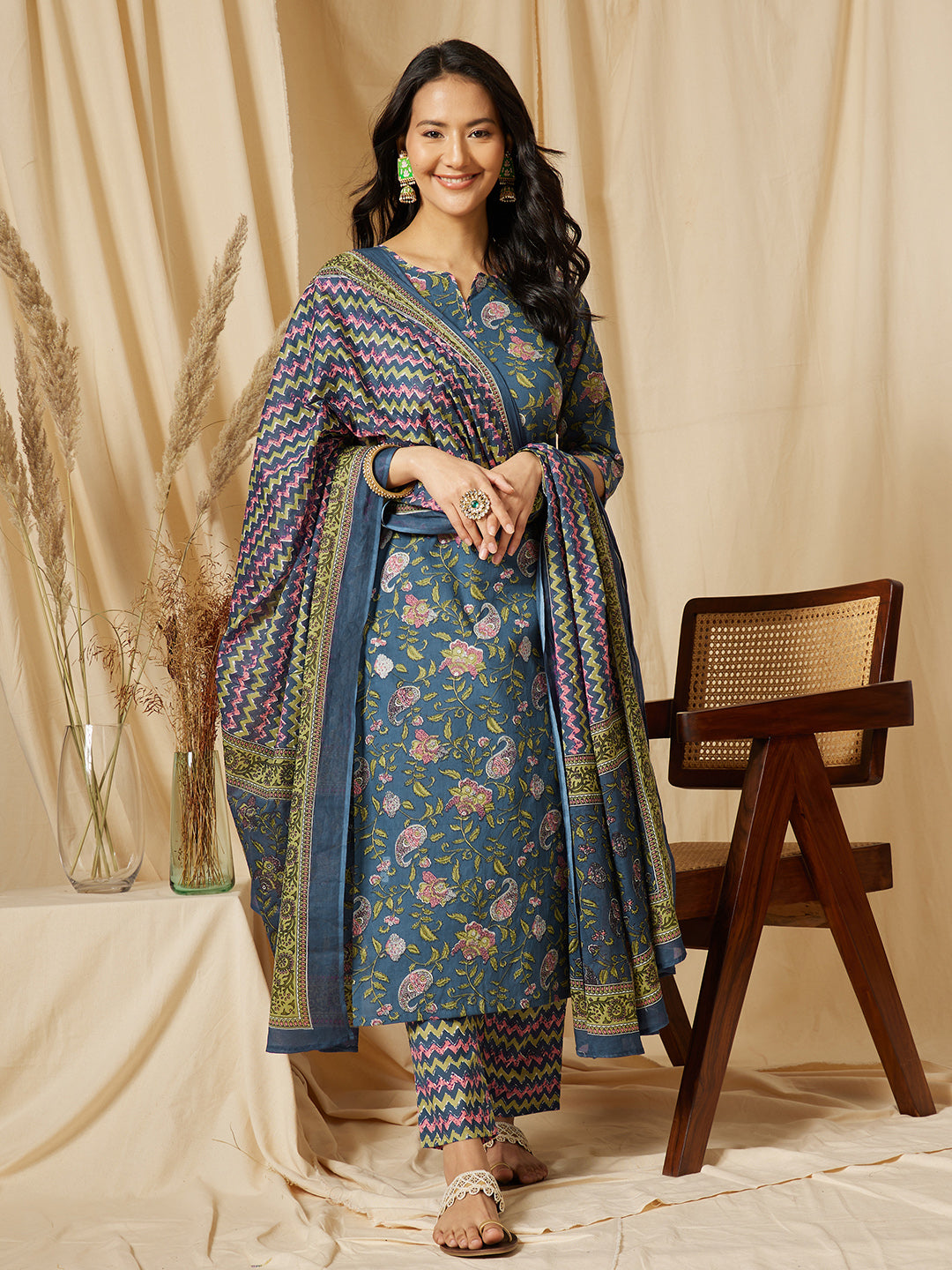 Blue Printed Straight Cotton Suit Set