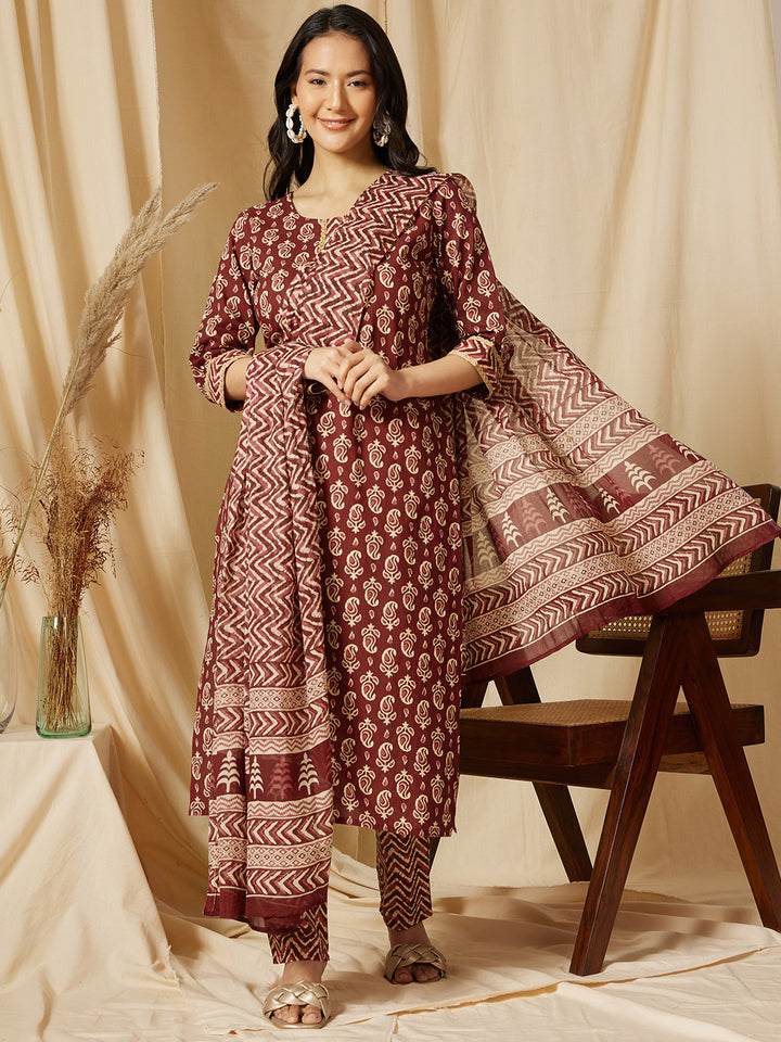 Maroon Ethnic Motif Printed Cotton Suit Set