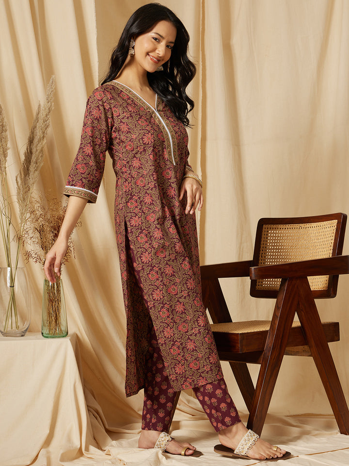 Purple V-Neck Border Printed Cotton Suit Set