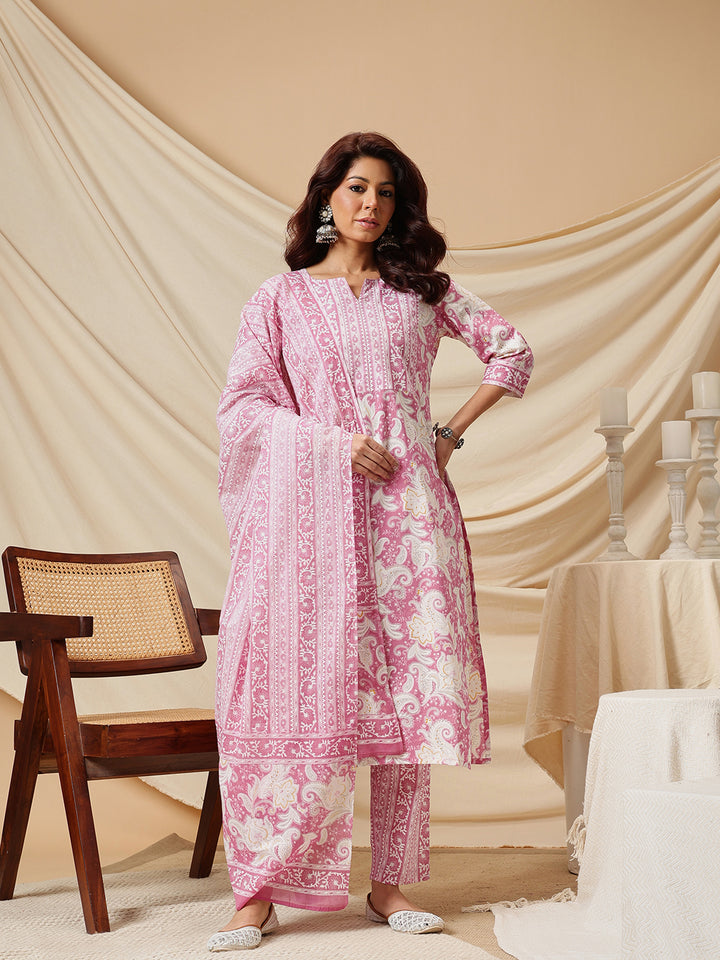 Pink Ethnic Motif Printed Cotton Suit Set