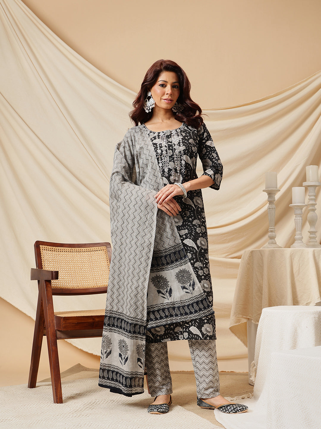 Black Embroidered Floral Printed Cotton Suit Set