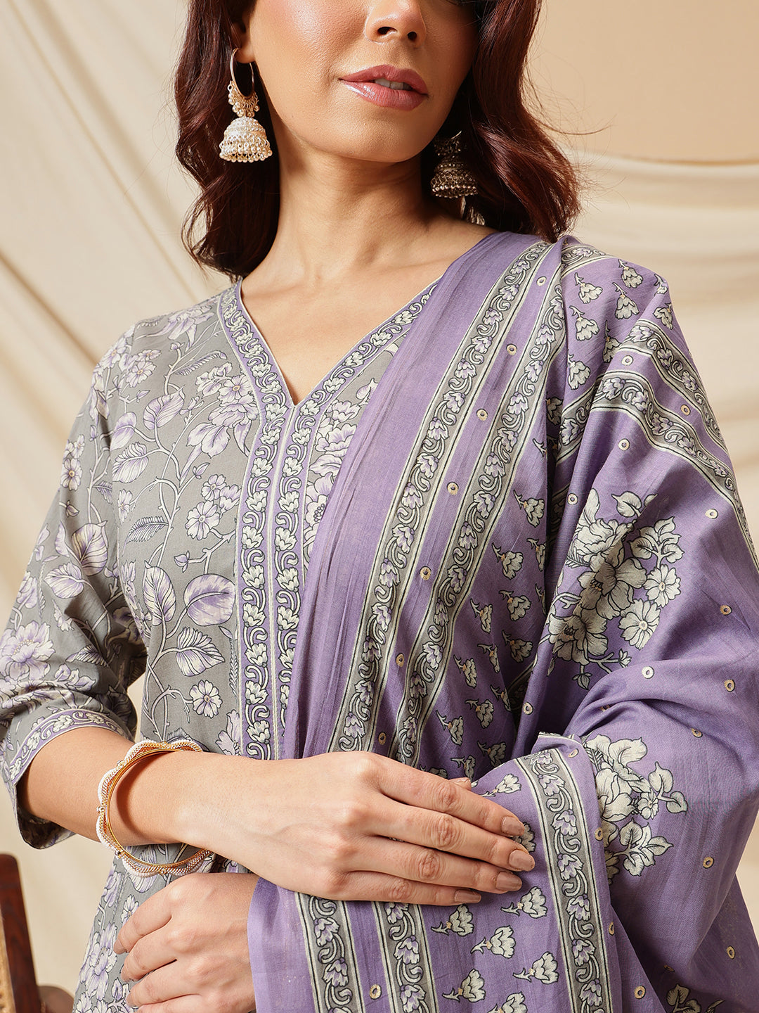 Grey Floral Printed Cotton Suit Set
