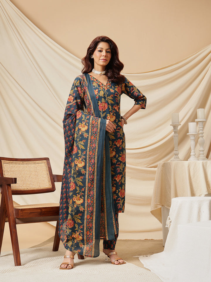 Navy Embroidered Floral Printed Cotton Suit Set