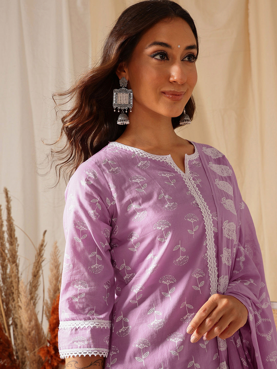 Lilac Printed Cotton Suit Set