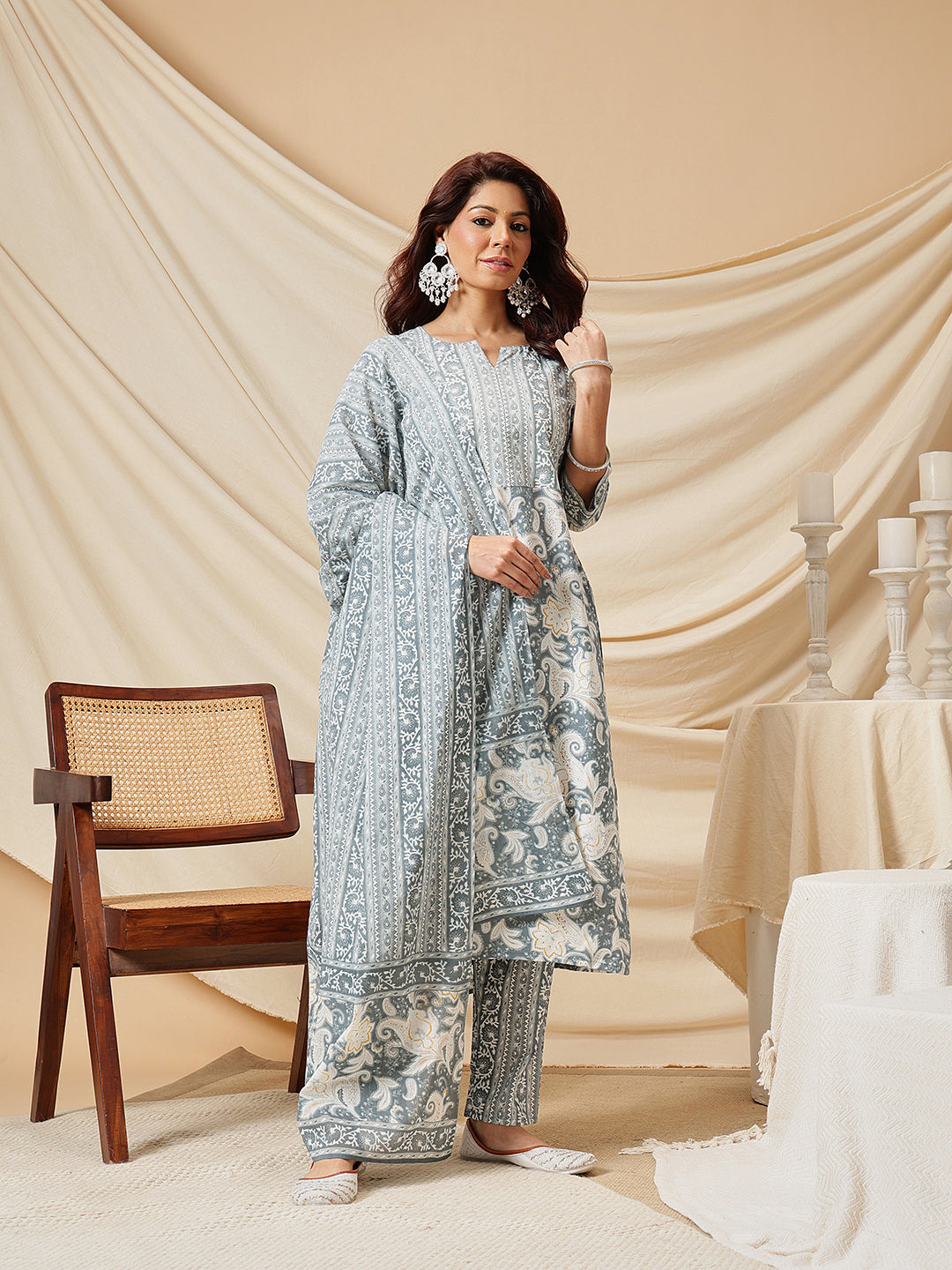 Grey Ethnic Motif Printed Cotton Suit Set