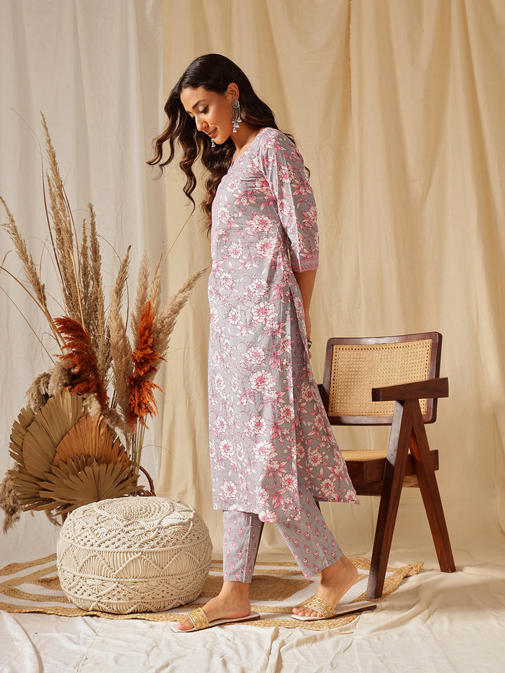 Grey Floral Printed Cotton Suit Set