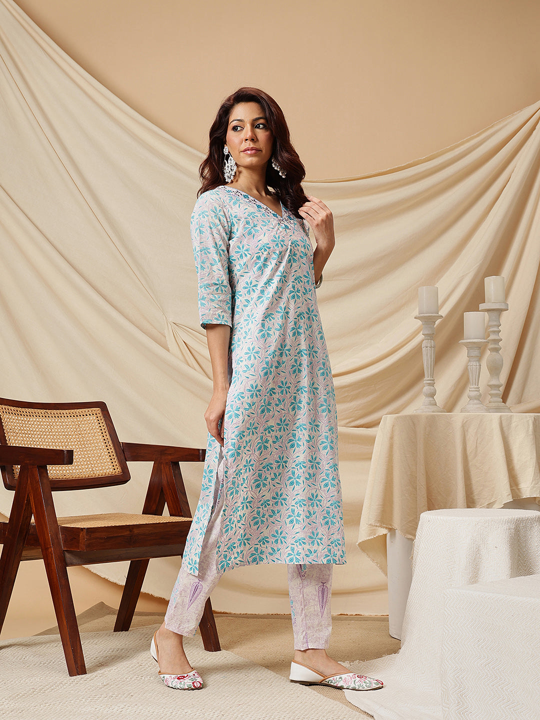 Blue Embroidered Floral Printed Cotton Suit Set