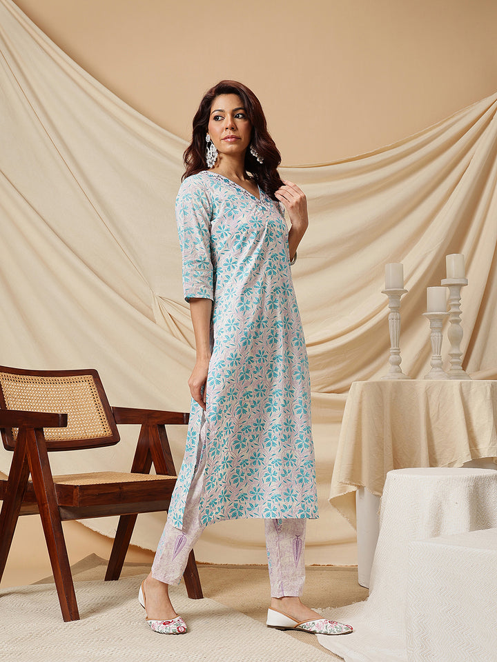 Blue Embroidered Floral Printed Cotton Suit Set