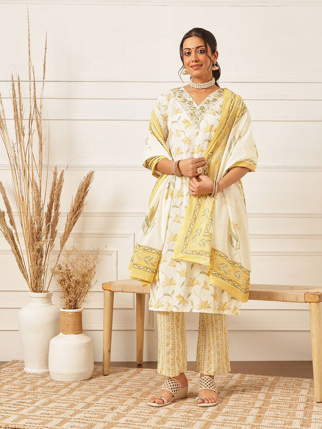 Yellow Embroidered Cotton Kurta Set