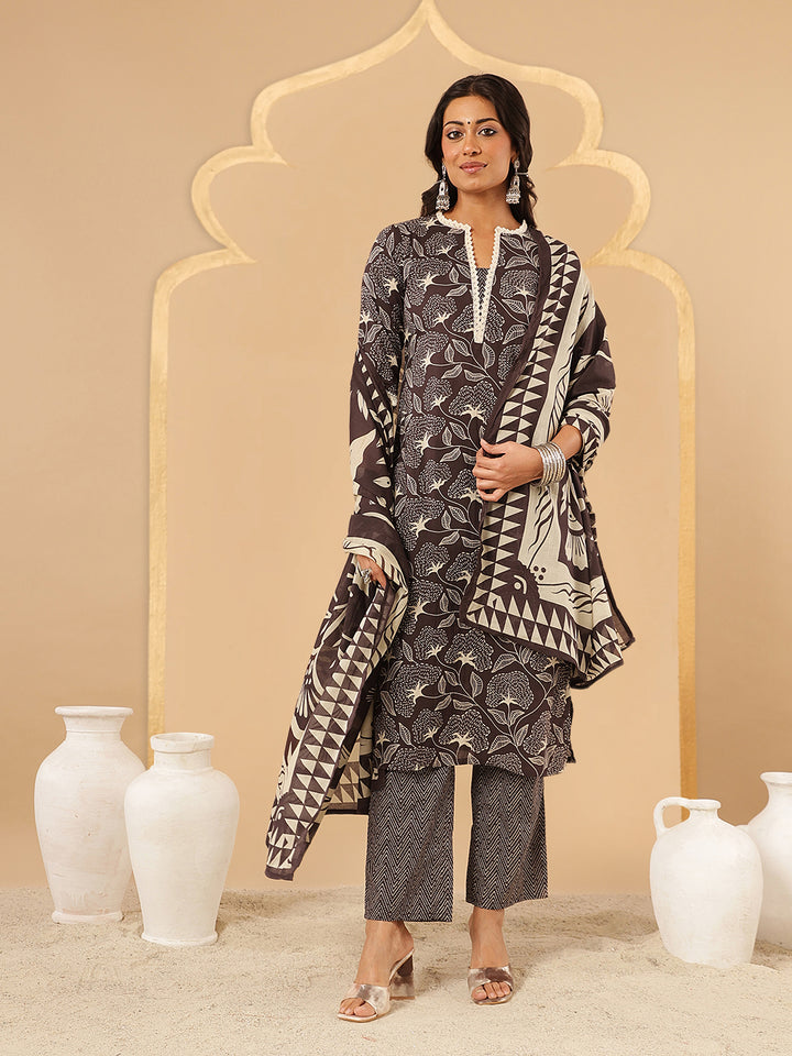 Brown Floral Printed Cotton Suit Set