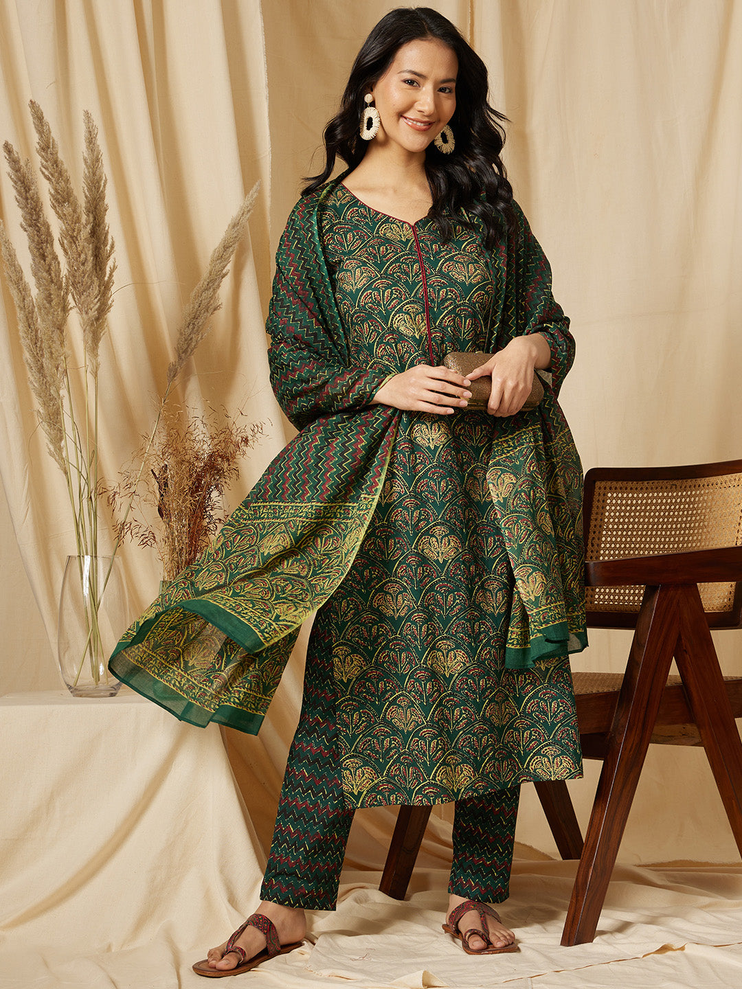 Dark Green Ethnic Motif Cotton Suit Set