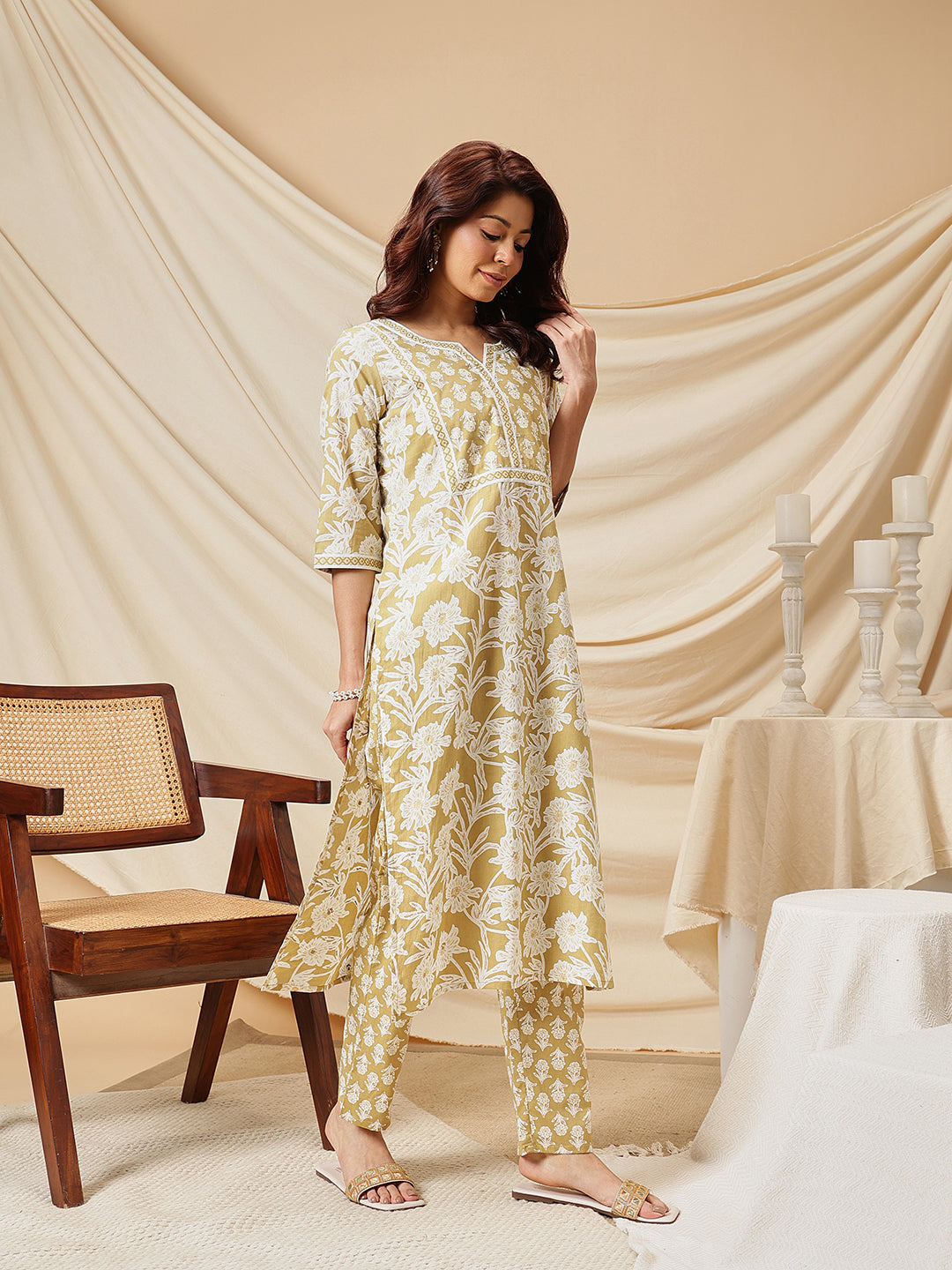 Mustard Floral Printed Cotton Suit Set