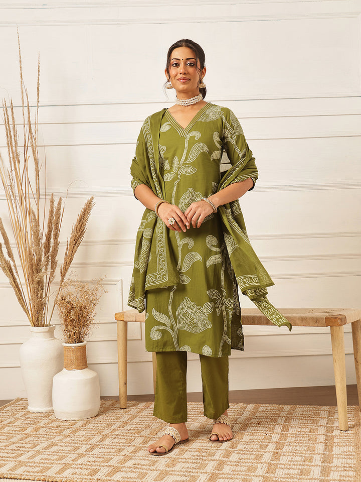 Green Embroidered V Neck Suit Set