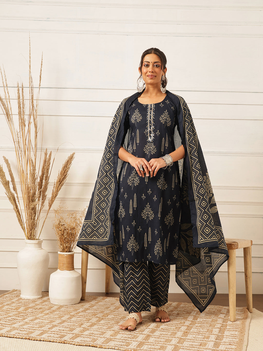 Navy Blue Embroidered Cotton Suit Set