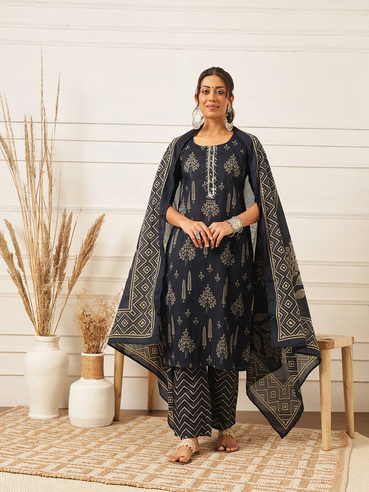 Navy Blue Embroidered Cotton Suit Set