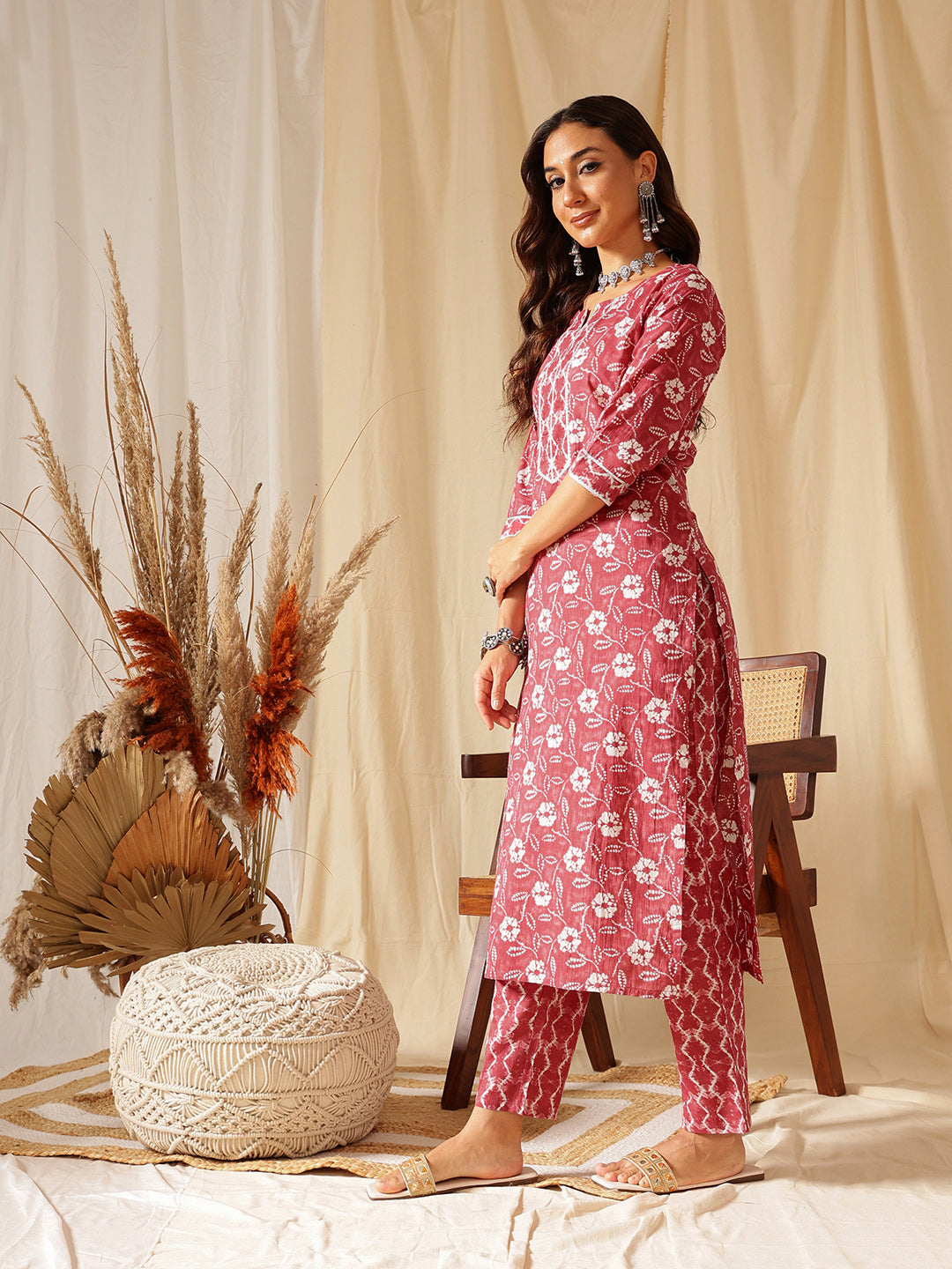 Maroon Printed Cotton Suit Set