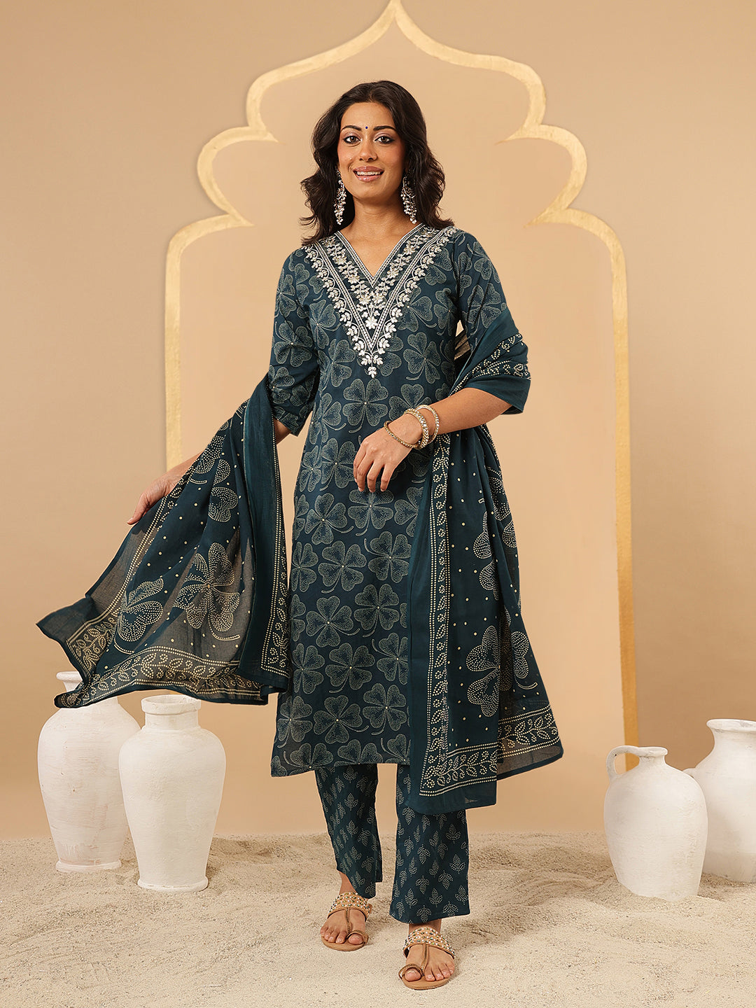Teal Embroidered Cotton Suit Set