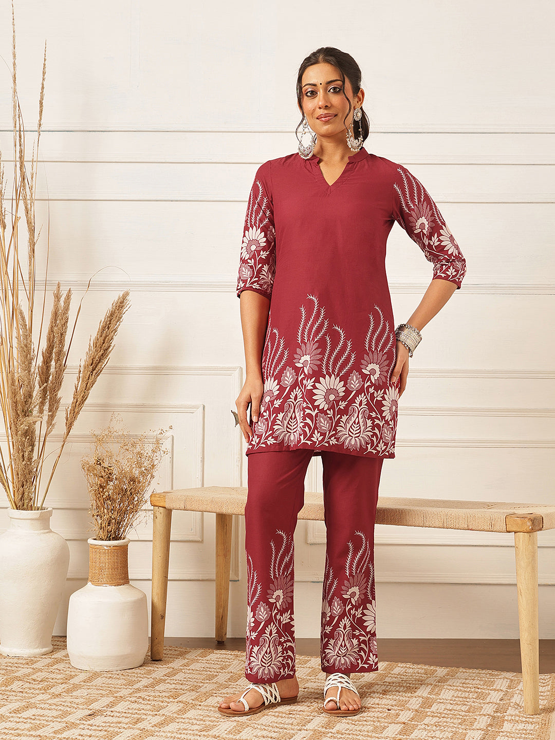 Floral Crest Cotton Co-Ord Set: Cherry Wine