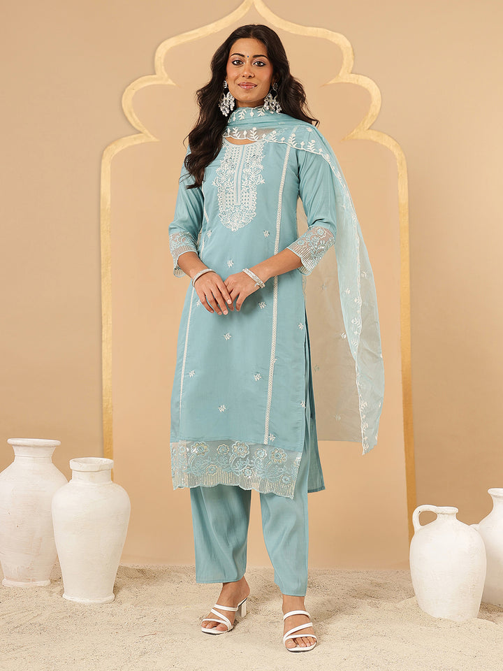 Blue Embroidered Silk Suit Set