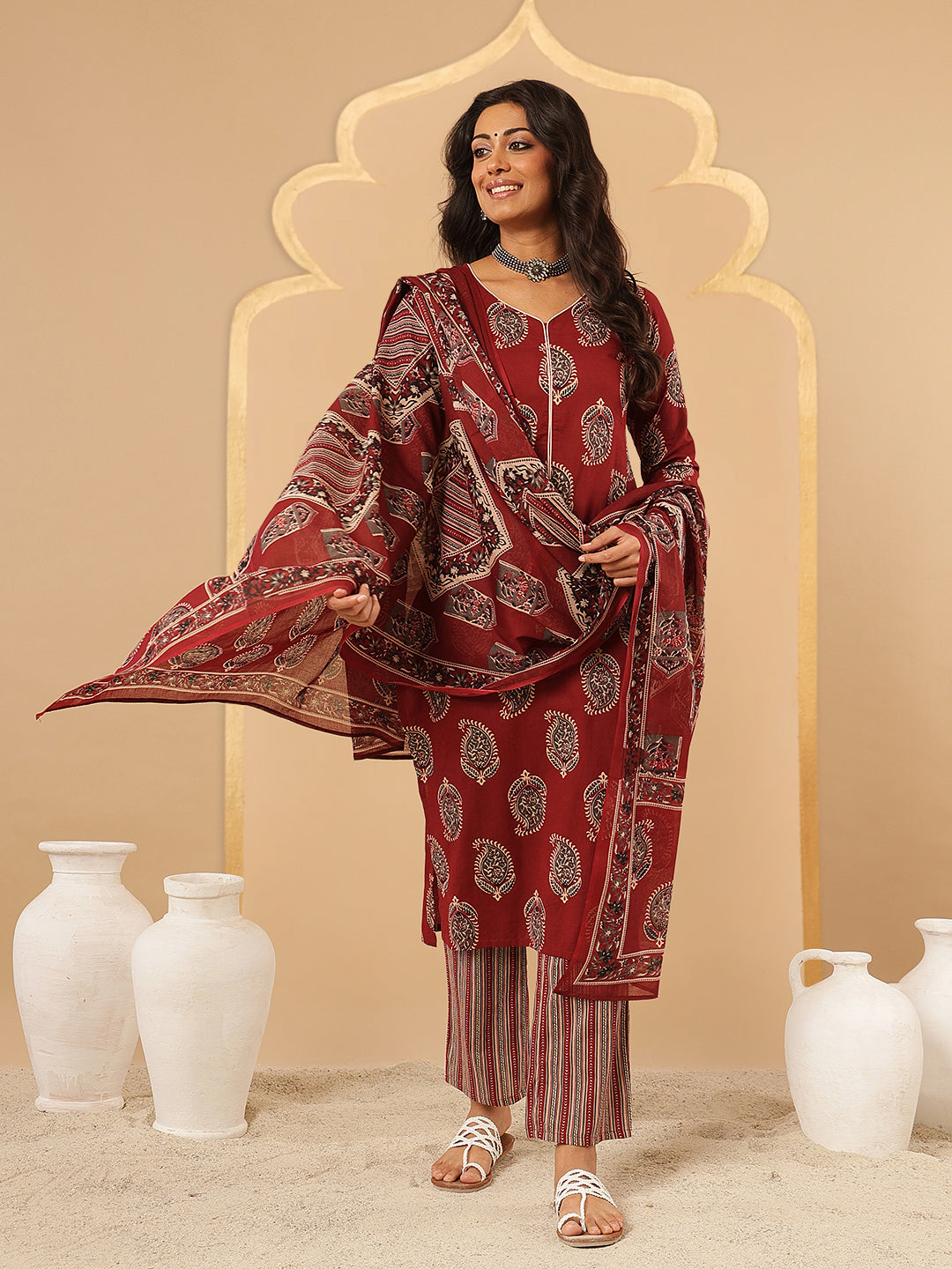 Maroon Ethnic Printed Cotton Suit Set