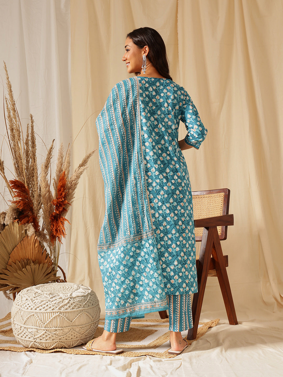 Blue Ethnic Motif Printed Cotton Suit Set