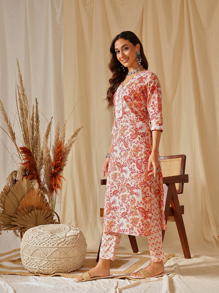 Beige And Orange Floral Printed Cotton Suit Set