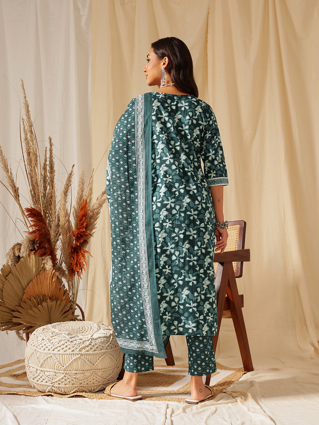 Sea Green Floral Printed Cotton Suit Set