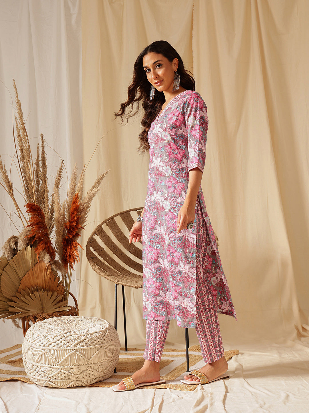 Grey and Pink Printed Cotton Suit Set