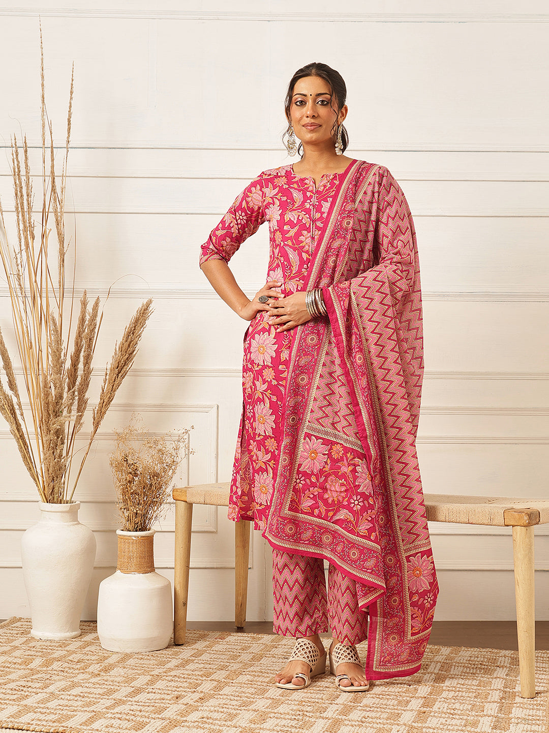 Pink Floral Printed Printed Suit Set