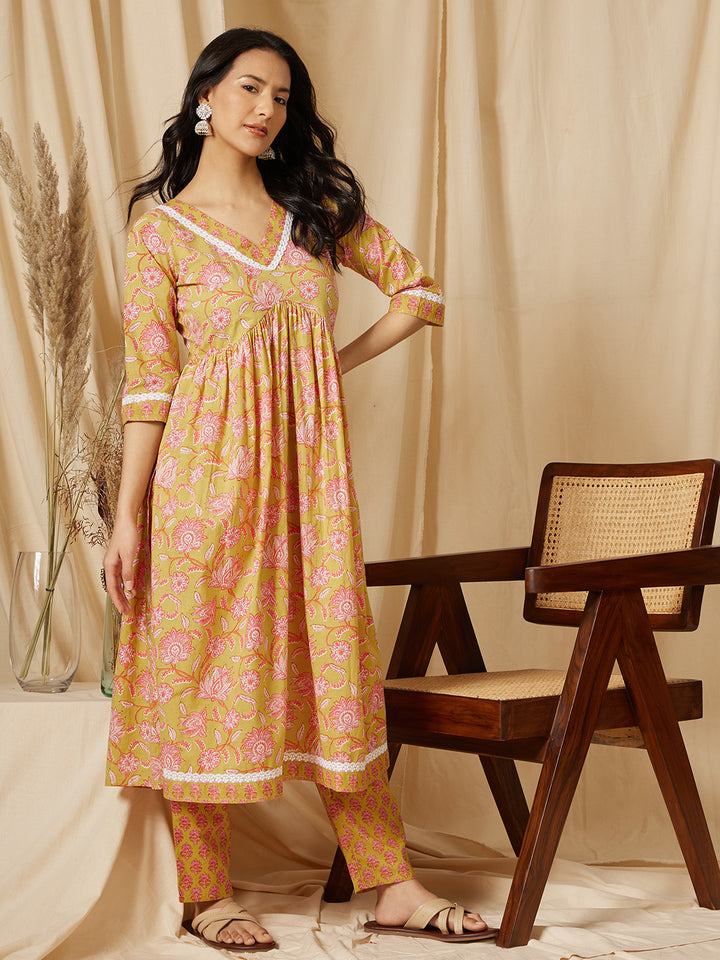 Yellow Gathered Floral Printed Cotton Suit Set